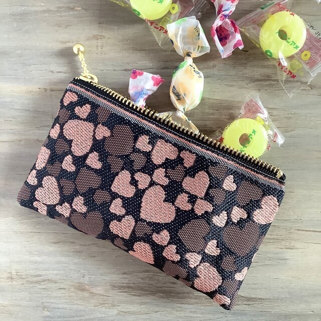 【ハート】畳縁 ぺたんこ ミニポーチ カードケース 小銭入れ 和風 黒 ピンク