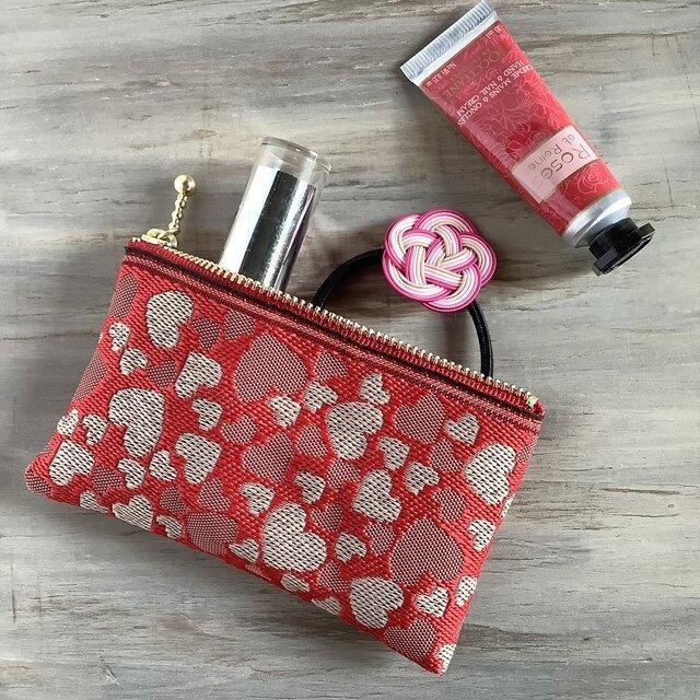 【ブラックハート】畳縁 ぺたんこ ミニポーチ カードケース 小銭入れ 和風 ピンク 黒