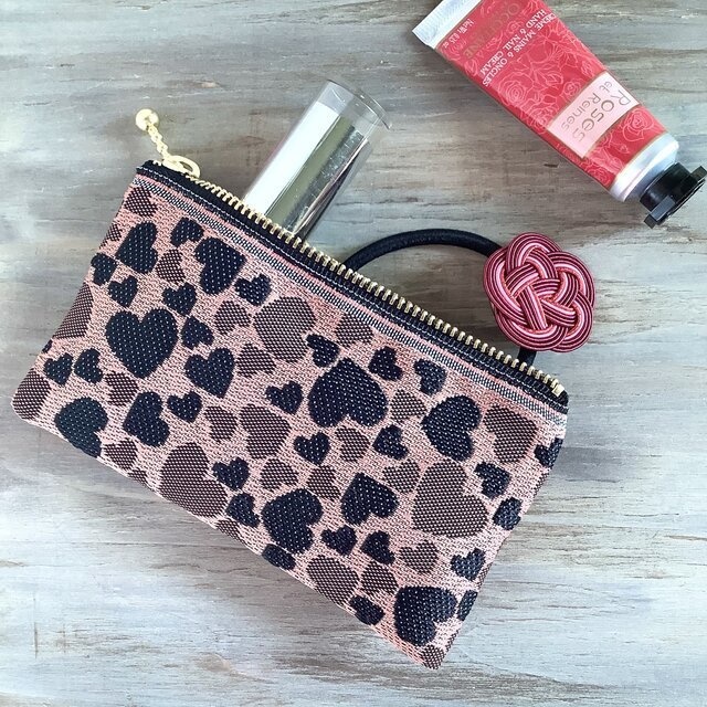 【ブラックハート】畳縁 ぺたんこ ミニポーチ カードケース 小銭入れ 和風 ピンク 黒