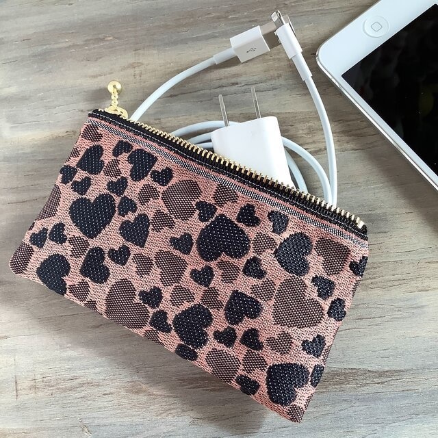 【ブラックハート】畳縁 ぺたんこ ミニポーチ カードケース 小銭入れ 和風 ピンク 黒