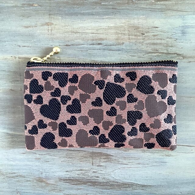 【ブラックハート】畳縁 ぺたんこ ミニポーチ カードケース 小銭入れ 和風 ピンク 黒