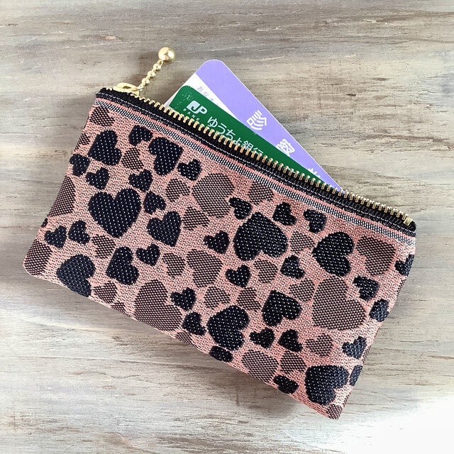 【ブラックハート】畳縁 ぺたんこ ミニポーチ カードケース 小銭入れ 和風 ピンク 黒