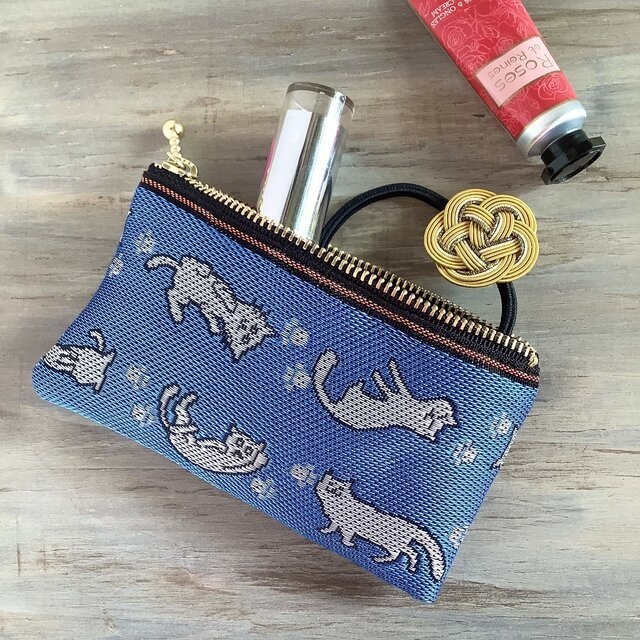 【ごろりん にゃんこ】畳縁 ぺたんこ ミニポーチ カードケース 小銭入れ 夜 猫 青