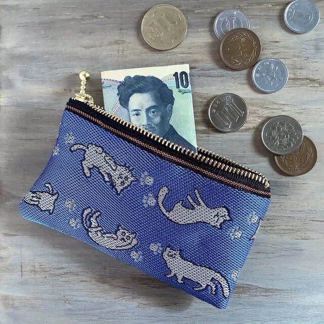 【ごろりん にゃんこ】畳縁 ぺたんこ ミニポーチ カードケース 小銭入れ 夜 猫 青