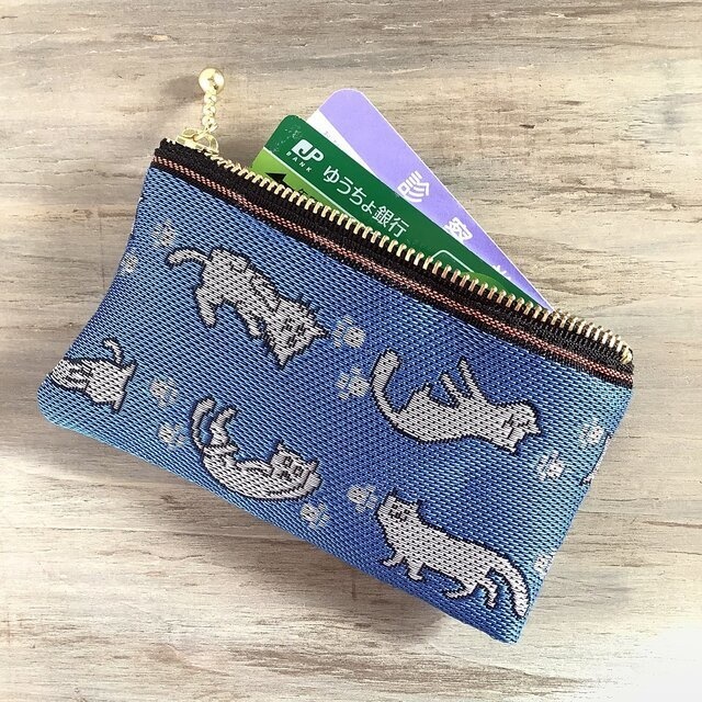 【ごろりん にゃんこ】畳縁 ぺたんこ ミニポーチ カードケース 小銭入れ 夜 猫 青