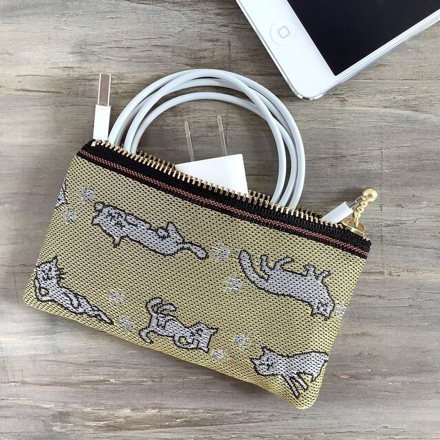 【ごろりん にゃんこ】畳縁 ぺたんこ ミニポーチ カードケース 小銭入れ 夜 猫 青