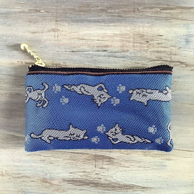 【ごろりん にゃんこ】畳縁 ぺたんこ ミニポーチ カードケース 小銭入れ 夜 猫 青