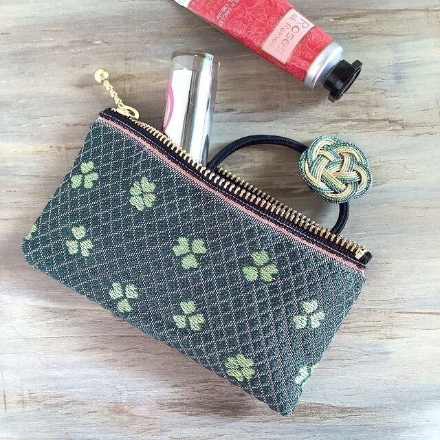 【クローバー】畳縁 ぺたんこ ミニポーチ カードケース 小銭入れ 和風 四葉