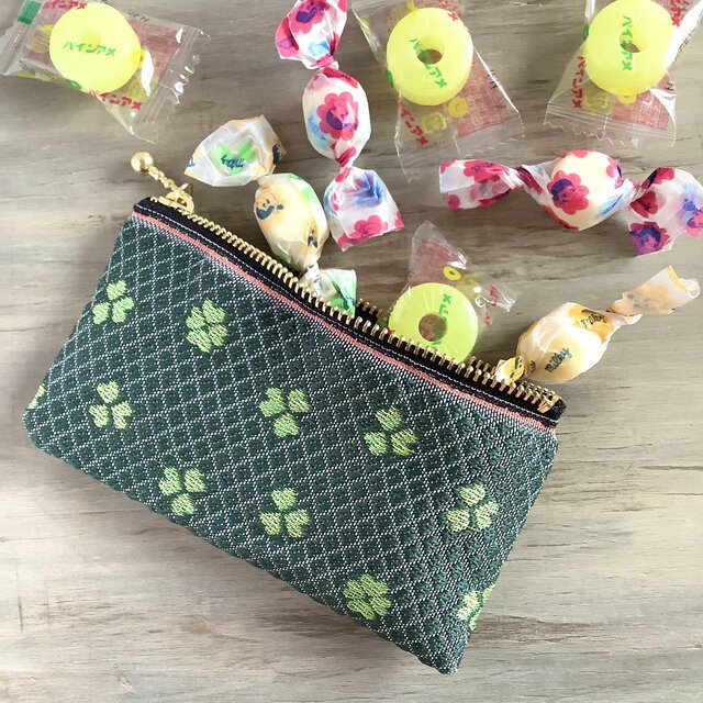 【クローバー】畳縁 ぺたんこ ミニポーチ カードケース 小銭入れ 和風 四葉