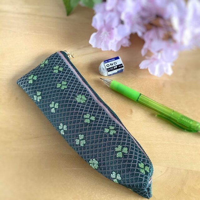 【クローバー】畳縁 テトラ型 ペンケース 四つ葉 グリーン