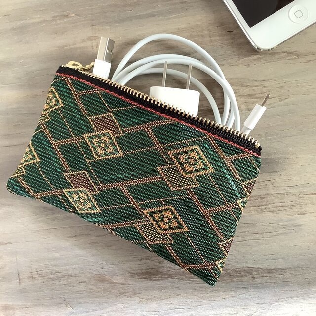 【花菱】畳縁 ぺたんこ ミニポーチ カードケース 小銭入れ 和風 ひし形 幾何学模様 緑×金茶