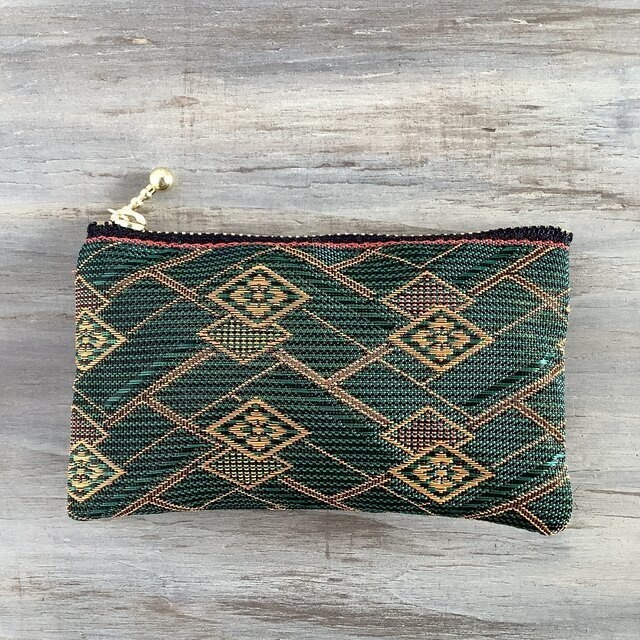 【花菱】畳縁 ぺたんこ ミニポーチ カードケース 小銭入れ 和風 ひし形 幾何学模様 緑×金茶