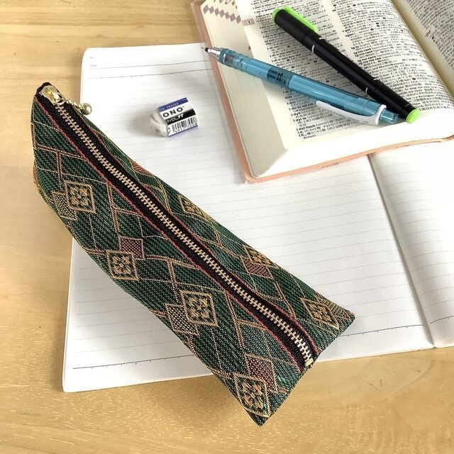 【花菱】畳縁 ぺたんこ ミニポーチ カードケース 小銭入れ 和風 ひし形 幾何学模様 緑×金茶