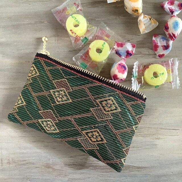 【花菱】畳縁 ぺたんこ ミニポーチ カードケース 小銭入れ 和風 ひし形 幾何学模様 緑×金茶