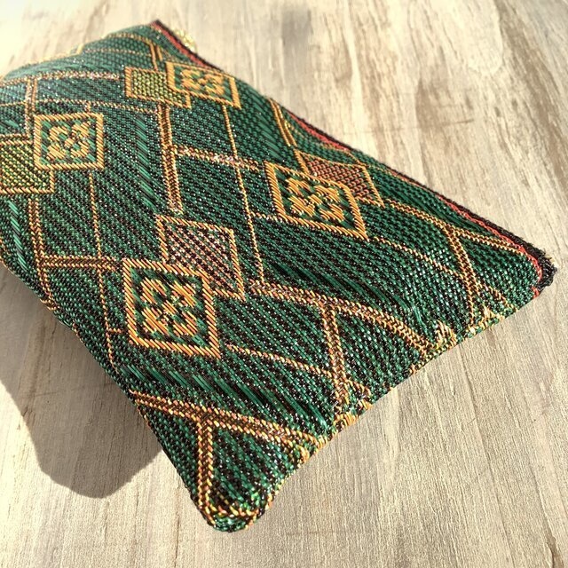 【花菱】畳縁 ぺたんこ ミニポーチ カードケース 小銭入れ 和風 ひし形 幾何学模様 緑×金茶