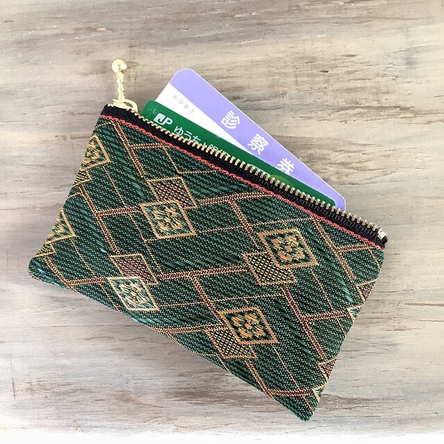 【花菱】畳縁 ぺたんこ ミニポーチ カードケース 小銭入れ 和風 ひし形 幾何学模様 緑×金茶