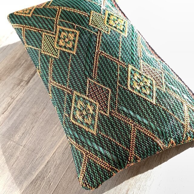 【花菱】畳縁 ぺたんこ ミニポーチ カードケース 小銭入れ 和風 ひし形 幾何学模様 緑×金茶