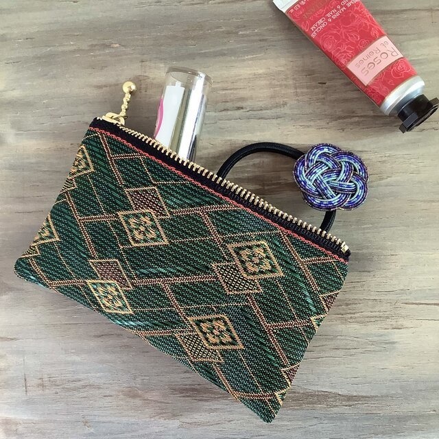 【花菱】畳縁 テトラ型 ペンケース 幾何学模様 緑×金茶