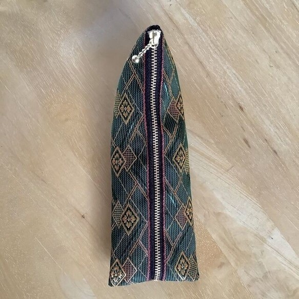 【花菱】畳縁 テトラ型 ペンケース 幾何学模様 緑×金茶