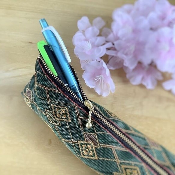 【花菱】畳縁 テトラ型 ペンケース 幾何学模様 緑×金茶