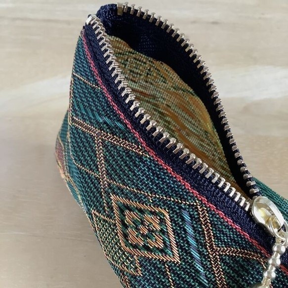 【花菱】畳縁 テトラ型 ペンケース 幾何学模様 緑×金茶