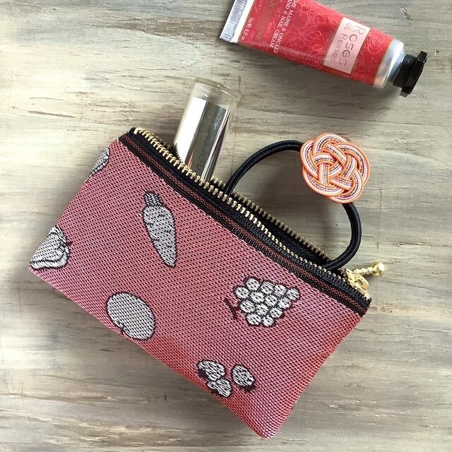 【野菜と果物】畳縁 ぺたんこ ミニポーチ カードケース 小銭入れ 和風 赤