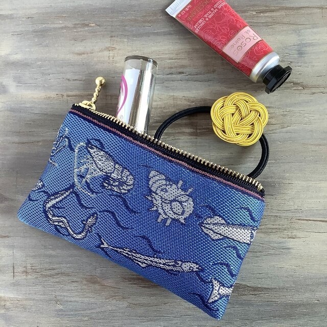 【魚介柄】畳縁 ぺたんこ ミニポーチ カードケース 小銭入れ 和風 青