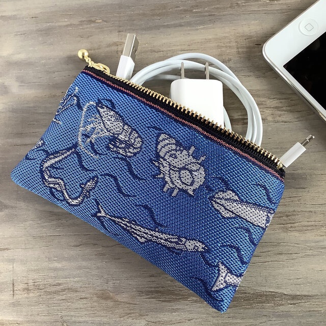 【魚介柄】畳縁 ぺたんこ ミニポーチ カードケース 小銭入れ 和風 青