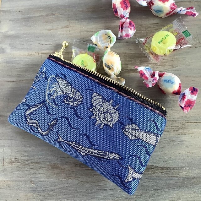 【魚介柄】畳縁 ぺたんこ ミニポーチ カードケース 小銭入れ 和風 青