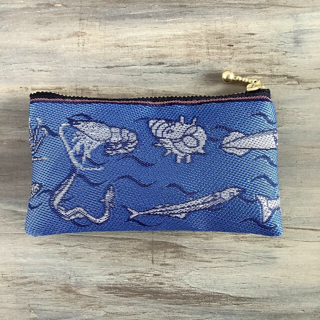 【魚介柄】畳縁 ぺたんこ ミニポーチ カードケース 小銭入れ 和風 青