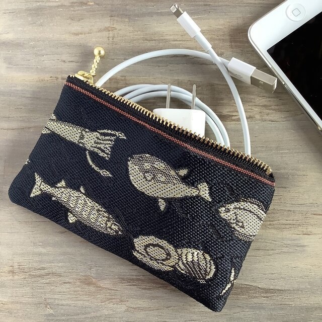 【魚介柄】畳縁 ぺたんこ ミニポーチ カードケース 小銭入れ 和風 黒