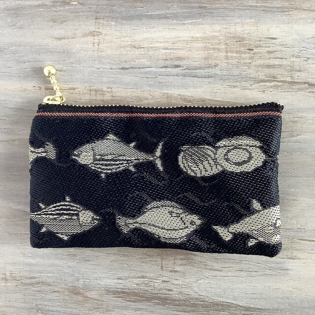 【魚介柄】畳縁 ぺたんこ ミニポーチ カードケース 小銭入れ 和風 黒
