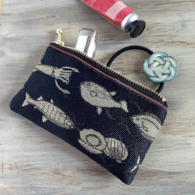 【魚介柄】畳縁 ぺたんこ ミニポーチ カードケース 小銭入れ 和風 黒