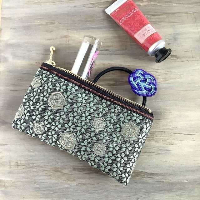 【亀甲桜】畳縁 ぺたんこ ミニポーチ カードケース 小銭入れ 和風 緑青