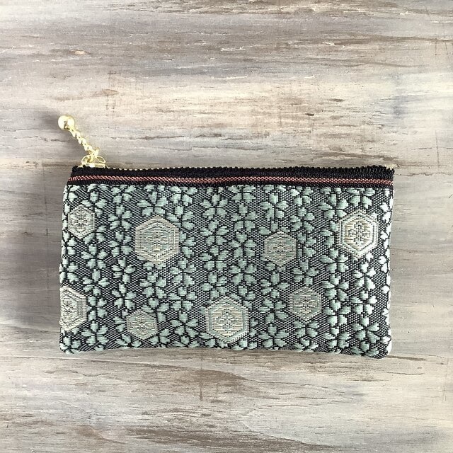 【亀甲桜】畳縁 ぺたんこ ミニポーチ カードケース 小銭入れ 和風 緑青