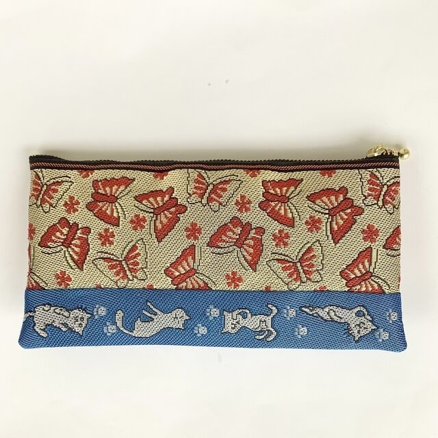 【春の猫】畳縁 幅広 ペンケース マスクケース 蝶 胡蝶 猫 和風 ポーチ