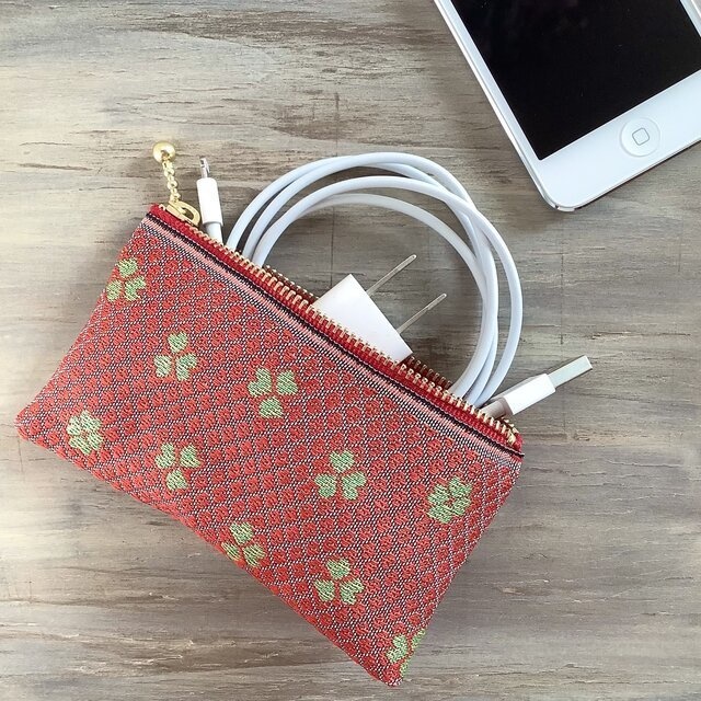 【クローバー】畳縁 ぺたんこ ミニポーチ カードケース 小銭入れ 赤 四葉 四つ葉 和風