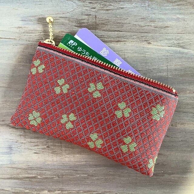【クローバー】畳縁 ぺたんこ ミニポーチ カードケース 小銭入れ 赤 四葉 四つ葉 和風