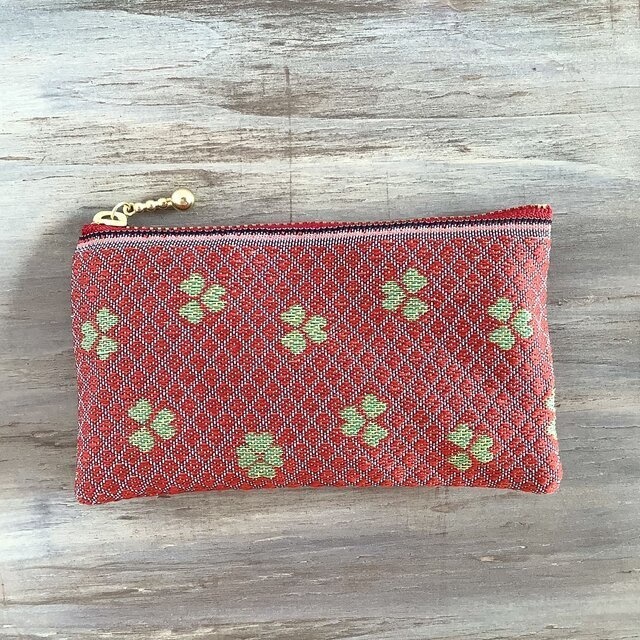 【クローバー】畳縁 ぺたんこ ミニポーチ カードケース 小銭入れ 赤 四葉 四つ葉 和風
