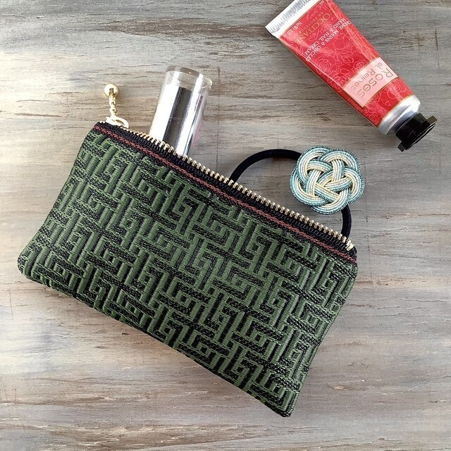 【基板柄?】畳縁 ぺたんこ ミニポーチ カードケース 小銭入れ 迷路 和風 緑 黒