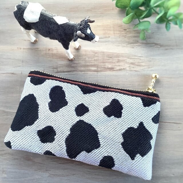 【桃牛】畳縁 ぺたんこ ミニポーチ カードケース 小銭入れ 和風 ホルスタイン ピーチミルク ピンク