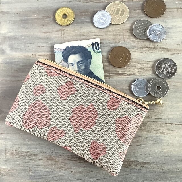 【桃牛】畳縁 ぺたんこ ミニポーチ カードケース 小銭入れ 和風 ホルスタイン ピーチミルク ピンク