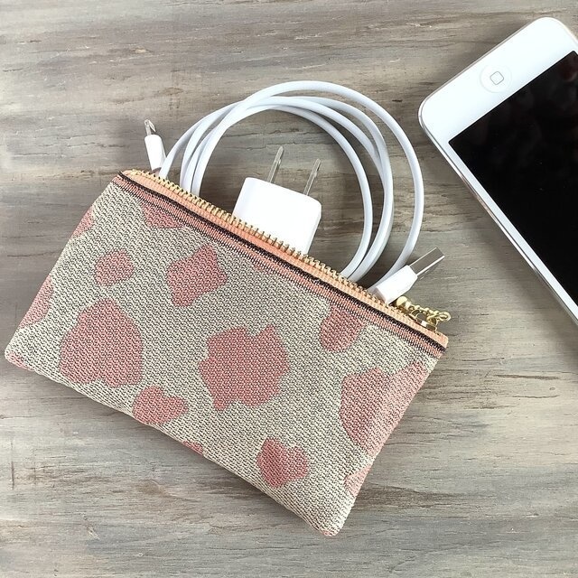 【桃牛】畳縁 ぺたんこ ミニポーチ カードケース 小銭入れ 和風 ホルスタイン ピーチミルク ピンク