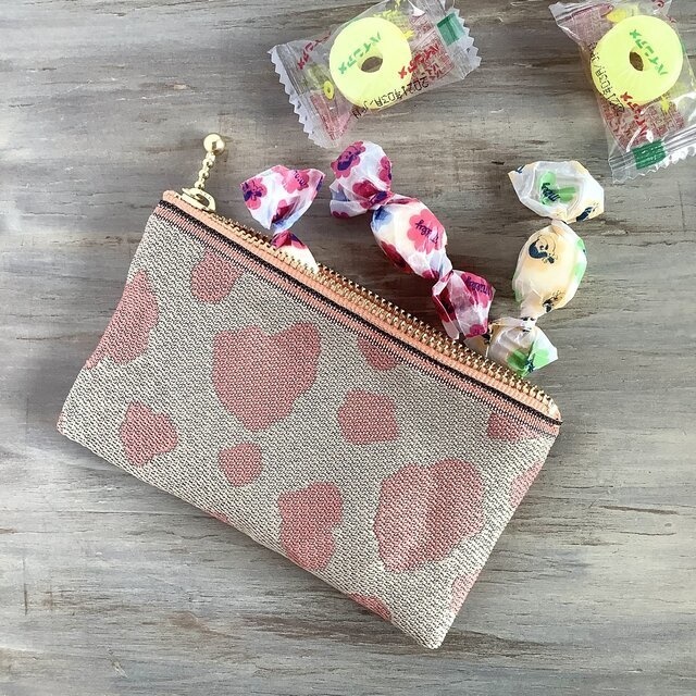 【桃牛】畳縁 ぺたんこ ミニポーチ カードケース 小銭入れ 和風 ホルスタイン ピーチミルク ピンク