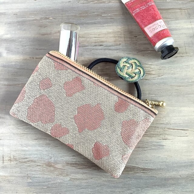 【桃牛】畳縁 ぺたんこ ミニポーチ カードケース 小銭入れ 和風 ホルスタイン ピーチミルク ピンク