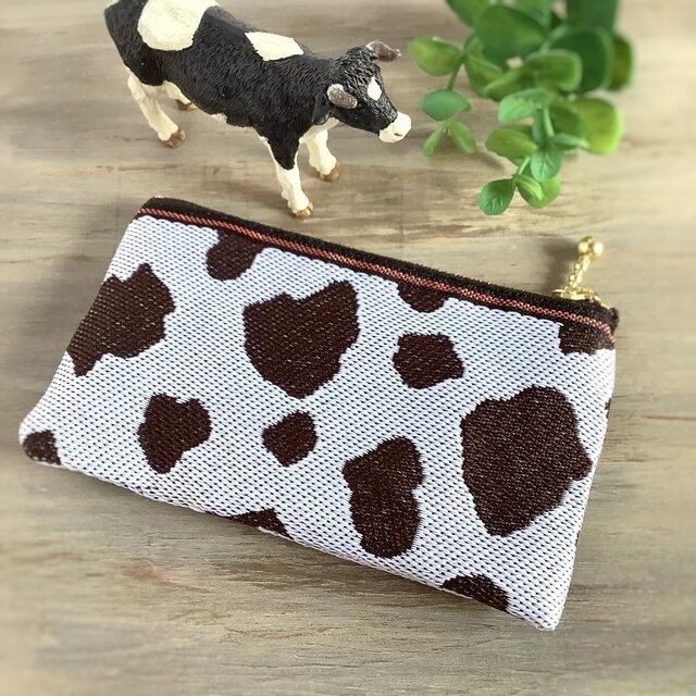 【珈琲牛】畳縁 ぺたんこ ミニポーチ カードケース 小銭入れ 和風 ホルスタイン コーヒーミルク こげ茶