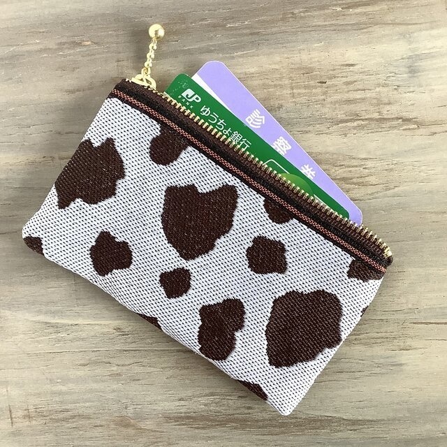 【珈琲牛】畳縁 ぺたんこ ミニポーチ カードケース 小銭入れ 和風 ホルスタイン コーヒーミルク こげ茶