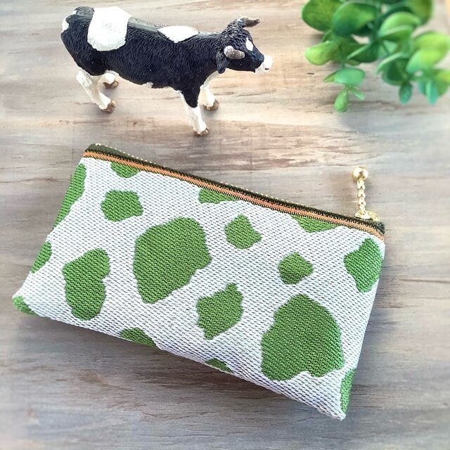 【珈琲牛】畳縁 ぺたんこ ミニポーチ カードケース 小銭入れ 和風 ホルスタイン コーヒーミルク こげ茶