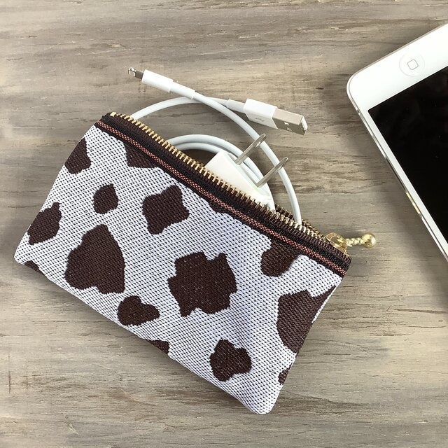 【珈琲牛】畳縁 ぺたんこ ミニポーチ カードケース 小銭入れ 和風 ホルスタイン コーヒーミルク こげ茶