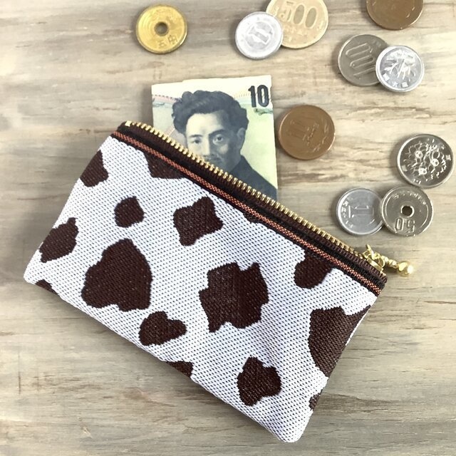 【珈琲牛】畳縁 ぺたんこ ミニポーチ カードケース 小銭入れ 和風 ホルスタイン コーヒーミルク こげ茶